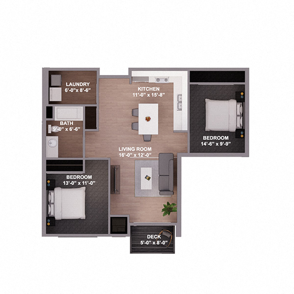 Floor plan for 2 beds, 1 bath, 884 sqft